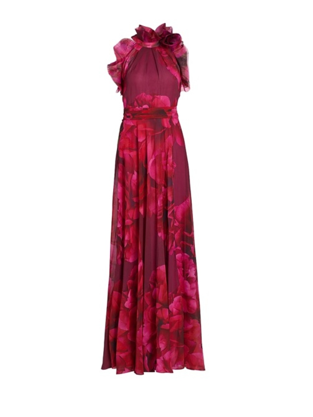 Teri Jon by Rickie Freeman Ruffled Floral Chiffon Organza Halterneck Gown